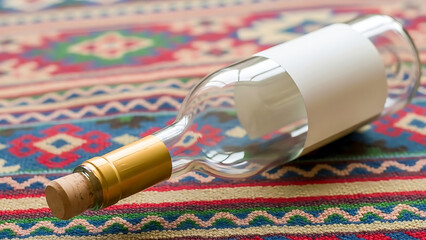 Empty glass wine bottle with cork on colorful woven fabric