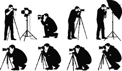Photographer silhouettes vector set, professional camera shooting poses collection with tripod and studio lighting, creative photography work illustration, black minimal style © Samol