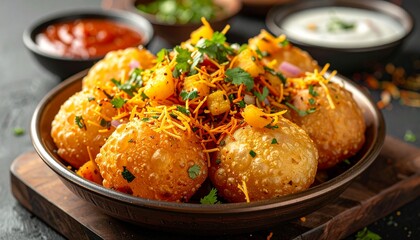 Sev Puri Chaat Close-Up. Traditional Indian Food