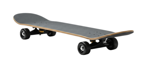 Modern skateboard with dark grip tape and black wheels is captured from a dynamic low-angle perspective, highlighting its sleek design and readiness for urban sports.