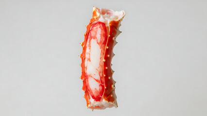 Close-up of a succulent crab leg with its white meat and vibrant orange shell against a plain background, offering a delicious seafood option
