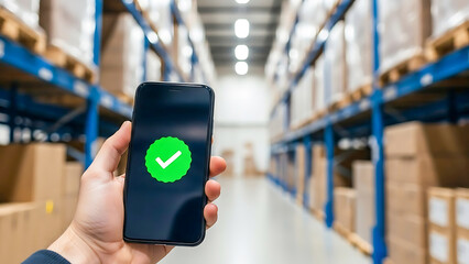 Hand holding smartphone with green checkmark in warehouse