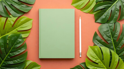 Green notebook and white pencil surrounded by monstera leaves