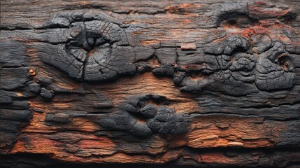 Close view of charred wood surface displaying dark coloration and unique patterns created by fire and natural wear. Each area shows different textures and details.