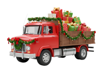 Red Christmas truck decorated with festive garlands and lights is loaded with numerous colorful wrapped presents, with Santa Claus peeking from the driver's seat.