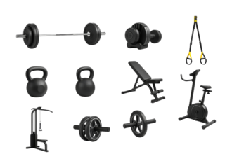 Gym equipment collection featuring barbells, kettlebells, a weight bench, and various exercise machines for a comprehensive workout.