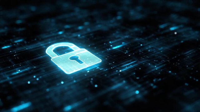 Digital Fortress: Illuminated padlock glows, safeguarding sensitive information within a luminous digital network.