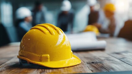 Construction Team in Focus: A close-up shot of a bright yellow construction helmet sits on a wooden table, in the background, a team of construction professionals can be seen engaged in a meeting.