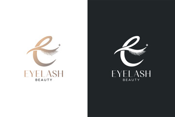 Luxurious letter E eyelash logo design with elegant sparkling eye silhouette. Creative feminine monogram for beauty salon, lash artist, makeup studio, and cosmetic clinic branding