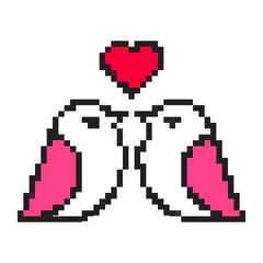 Fototapeta premium Pixel love birds icon for Valentine’s Day. Cute 8-bit couple with romantic heart vibe, ideal for games, apps, stickers, greeting cards, and seasonal love-themed designs