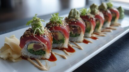 A long platter holds several sushi rolls topped with fish greens and sauces. The setting is a restaurant during lunch time with side ginger and wasabi present.