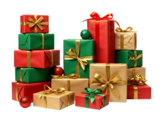 Gift boxes wrapped in colorful paper with festive ribbons are stacked together, creating a beautiful and abundant display of presents for holidays and celebrations.