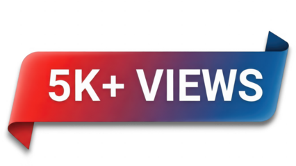 Red and blue gradient banner with 5k plus views text isolated on transparent background. Achievement banner for 5k+ views