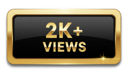Shiny black and gold button icon showcasing 2k+ views milestone achievement isolated on transparent background