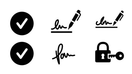 Digital Signature Icons Checkmarks, Signatures, and Security Lock with Key, Representing Agreement and Verification