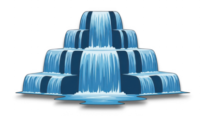 Beautiful blue water fountain with multiple tier isolated on transparent background. Tiered waterfall in serene landscape