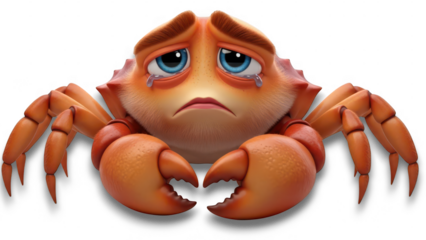 Crying crab with sad expression on its face isolated on transparent background. Sad cartoon crab