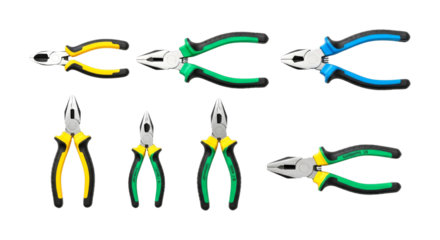 Various types of pliers are essential tools for gripping, cutting, and bending wires, commonly used in electrical work and general repairs.