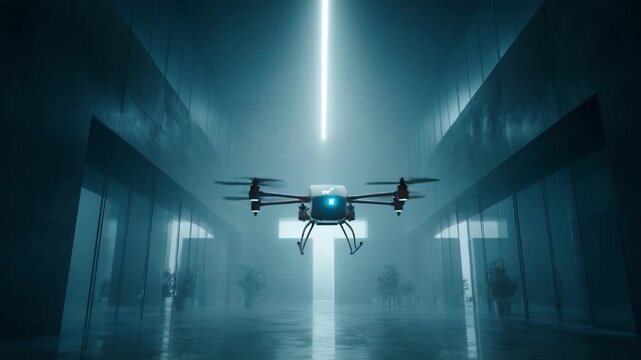 Futuristic Drone in Luminous Passage: A sleek, modern drone hovers mid-air within a minimalist, futuristic corridor illuminated by an ethereal glow.