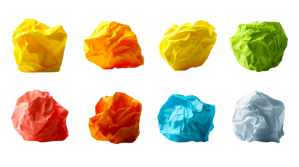 Collection of vibrant colorful crumpled paper balls in various hues symbolizing discarded ideas and the creative process, perfect for marketing, educational content, and conceptual projects