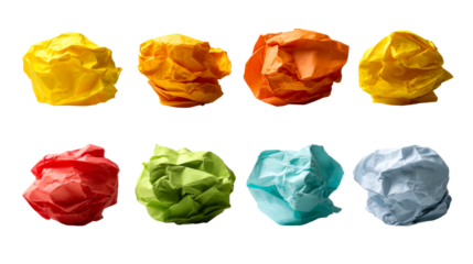 A collection of colorful crumpled paper balls symbolizing creativity, mistakes, and problemsolving offers a versatile visual asset for design projects and learning content.