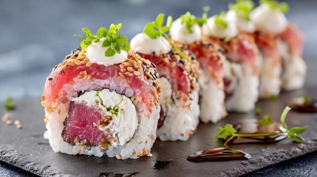 A selection of sushi rolls is served on a black stone plate. Each roll has toppings and sauces making the dish appealing at a restaurant during lunchtime.