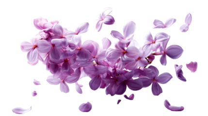 Vibrant purple lilac petals and blooms float elegantly in a graceful dance, perfect for spring promotions, product packaging, and delicate naturethemed designs.
