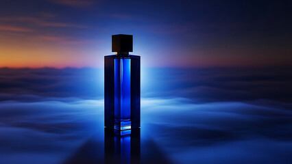 Enigmatic blue perfume bottle elegantly emerges from mystical mists under a dramatic twilight sky, radiating a sophisticated aura of allure and mystery