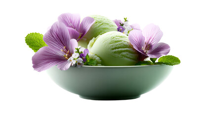 Refreshing green ice cream scoops in a mint bowl adorned with delicate pink flowers and fresh mint leaves, perfect for summer dessert menus or sweet treat promotions