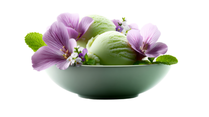 Refreshing green ice cream scoops in a mint bowl adorned with delicate pink flowers and fresh mint leaves, perfect for summer dessert menus or sweet treat promotions
