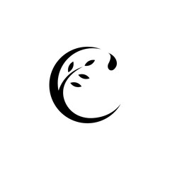 crescent moon logo with leaf branches and drops in flat vector design style