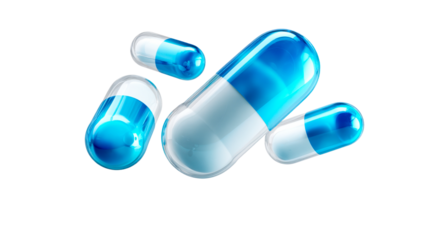Group of glossy transparent blue and white capsules symbolizing modern medicine and innovative treatments, ideal for pharmaceutical marketing and healthcare promotions.