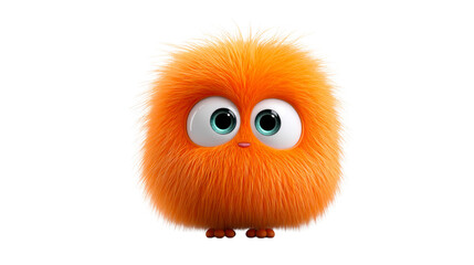 Adorable fluffy orange character with big curious eyes standing on a surface, perfect for childrens projects, engaging campaigns, or delightful visual assets.