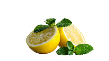Two fresh lemon halves and vibrant green mint leaves splashing into clear water, perfect for healthy drink advertisements and refreshing summer beverage promotions