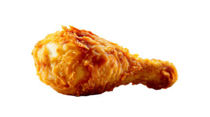 Savory golden fried chicken drumstick perfect for fast food restaurant menus, home cooking recipes, or delectable snack promotions