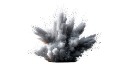 Dynamic explosion of dark grey dust and smoke rapidly spreading outwards with numerous scattered particles creating a powerful visual for abstract backgrounds, energy concepts, or special