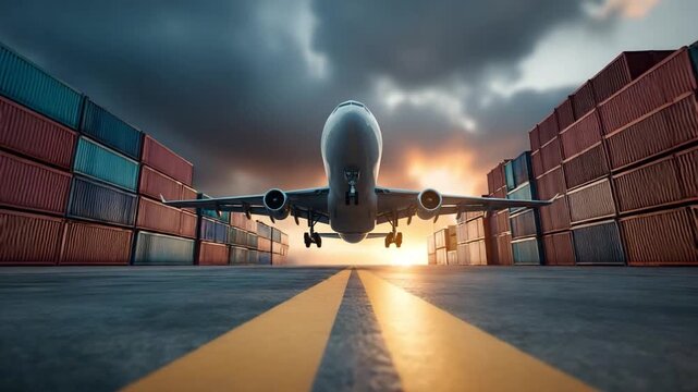 Aviation Ascent: An airplane prepares for takeoff, soaring between lines of shipping containers, against a dramatic sunset sky. Representing aviation, transportation and global trade.