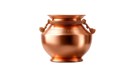 Polished copper pot with intricately braided rope handles and delicate engraved details, ideal for traditional home decoration, cultural product display, or luxurious interior design.