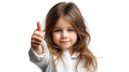 A cheerful young child with long brown hair and blue eyes gives a positive thumbs up gesture, conveying approval, success, and agreement for various uplifting lifestyle and educational