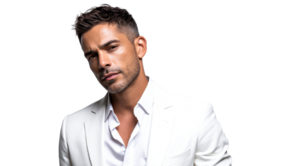 Confident and stylish Latino man wearing an elegant white suit, exuding charisma and sophistication, perfect for luxury lifestyle campaigns or corporate success visuals.