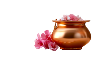 Shiny copper vessel filled with delicate pink and white flowers and scattered petals creating a peaceful aesthetic suitable for traditional celebrations or home decor themes