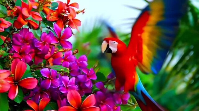A vibrant macaw parrot flits among blooming frangipani, exuding the essence of a tropical paradise, a celebration of color and life