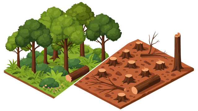 An isometric illustration starkly contrasts a lush, vibrant forest teeming with life against a desolate, brown wasteland filled with stumps and fallen timber