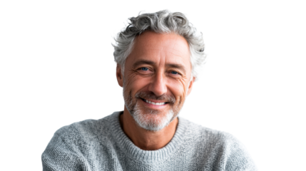 A happy and selfassured mature man with grey curly hair and a beard smiling genuinely, perfect for illustrating positive senior lifestyle, authentic human emotions, and general wellbeing in