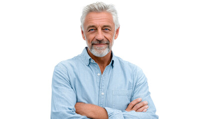 Confident senior man with gray hair and a beard, smiling genuinely and looking directly at the camera, conveying wisdom and approachability for various business and lifestyle applications.