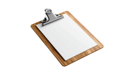 Blank white paper sheet held by a shiny metal clip on a rustic wooden clipboard, ideal for presentations, office stationery, school supplies, or formal documents