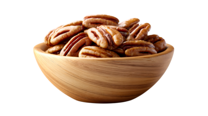 Delicious healthy snack pecans overflowing from a rustic wooden bowl ready for baking or a nutritious treat for food blogs and culinary product promotions