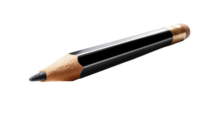 This short black wooden pencil, freshly sharpened with exposed graphite lead and a soft rubber eraser, is ideal for educational content, stationery promotions, and various office supply
