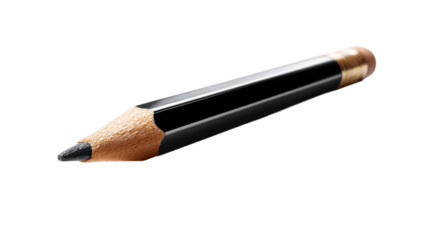 This short black wooden pencil, freshly sharpened with exposed graphite lead and a soft rubber eraser, is ideal for educational content, stationery promotions, and various office supply