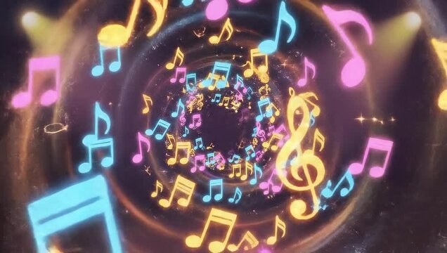 Neon Music Notes and Instruments Tunnel Loop.